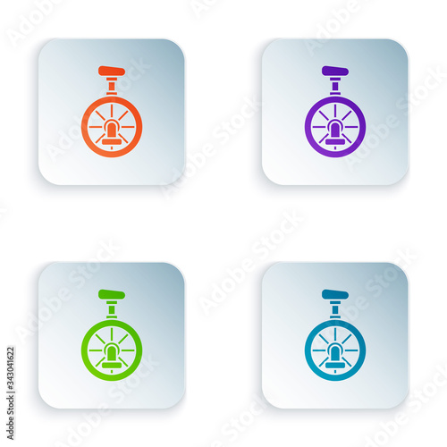 Color Unicycle or one wheel bicycle icon isolated on white background. Monowheel bicycle. Set colorful icons in square buttons. Vector Illustration