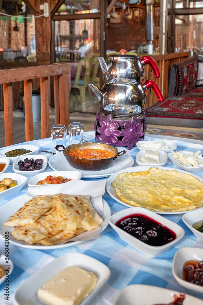 Delicious traditional turkish breakfast on the table