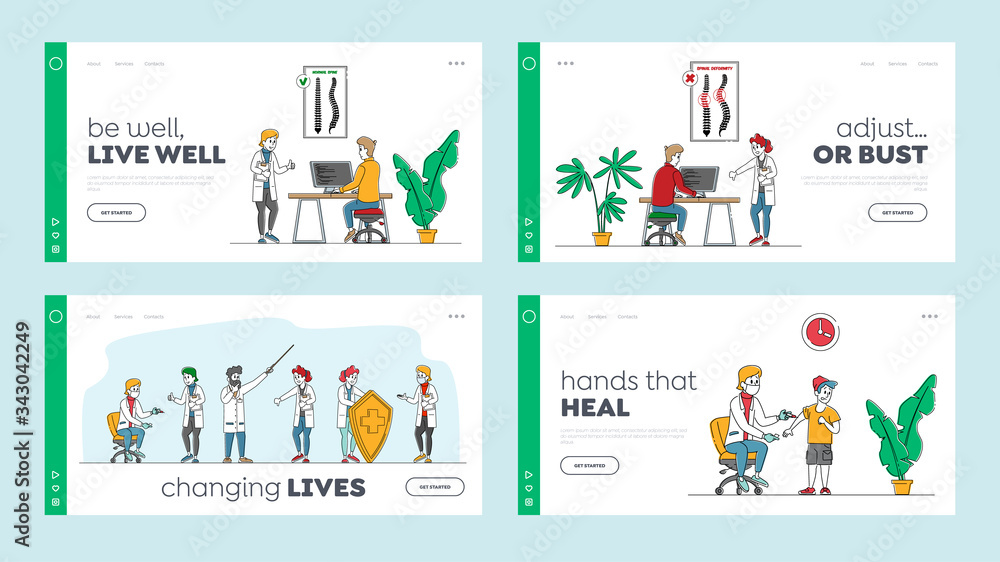 Naklejka Medical Staff, Children Vaccination and Back Bone Curvature Landing Page Template Set. Scoliosis Disease, Kid Get Vaccine in Hospital, Doctors Characters in Clinic. Linear People Vector Illustration
