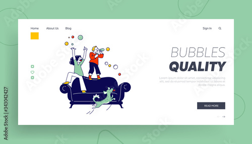 Kids Blow Soap Bubbles Landing Page Template. Children Characters Little Girl, Boy and Dog Playing at Home, Jumping on Sofa Making Mess around Room, Fooling Game. Linear People Vector Illustration