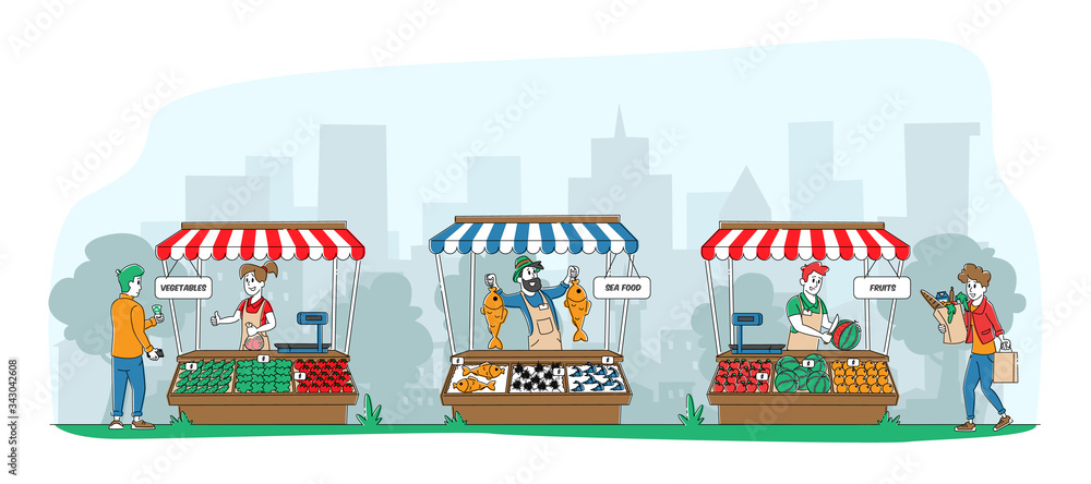 Farmers Sell Fresh Fruits, Vegetables and Fishery Products to Customers at Outdoors Farm City Market. Purchaser Characters Buying Ecological Healthy Organic Food. Linear People Vector Illustration