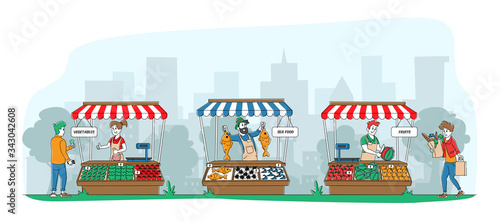 Farmers Sell Fresh Fruits, Vegetables and Fishery Products to Customers at Outdoors Farm City Market. Purchaser Characters Buying Ecological Healthy Organic Food. Linear People Vector Illustration