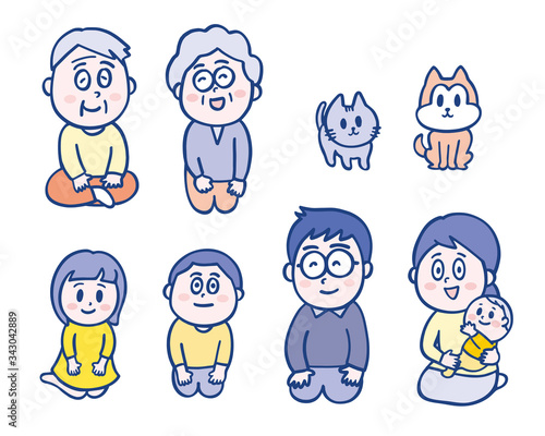 家族だんらん_一人ずつ_笑顔_青_Family,One by one,happy,blue