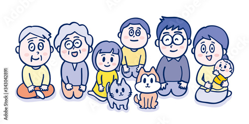 家族だんらん_集合_笑顔_青_Family,together,happy,blue