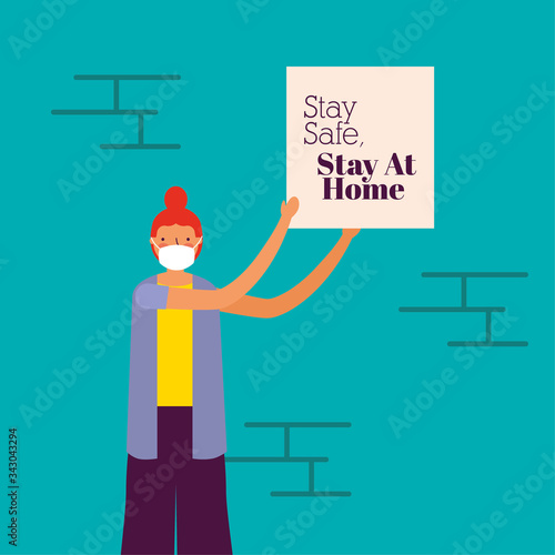 woman using face mask for covid19 with stay at home banner