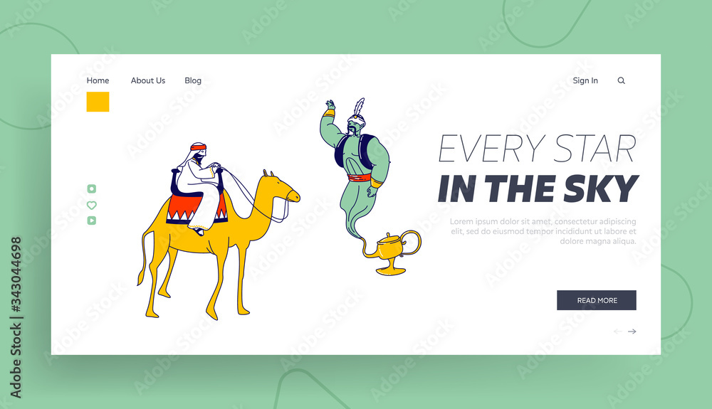 Arabian Fairytale, Fantasy Story Telling Landing Page Template. Arabic Bedouin Character Riding on Camel, Genie and Wish Lamp. Oriental Eastern Culture, Dream. Linear People Vector Illustration Arabian Fairytale, Fantasy Story Telling Landing Page Template. Arabic Bedouin Character Riding on Camel, Genie and Wish Lamp. Oriental Eastern Culture, Dream. Linear People Vector Illustration
