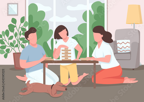 Family play board game flat color vector illustration. Daughter build tower from wooden blocks. Mother and father spend time with kid. Relatives 2D cartoon characters with interior on background photo