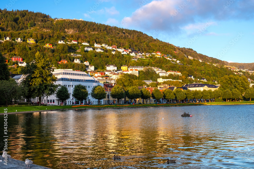 Bergen, Norway - Panoramic view of city center with Lille Lungeren park, Lille Lungegardsvannet pond, Municipality hall and Mount Floyen in background