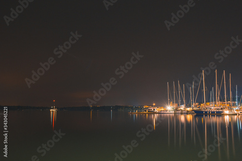 boats at harbour at night in Pula, Istrian Peninsula in Croatia