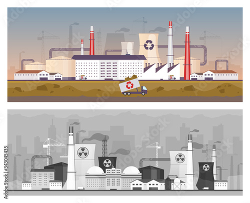 Recycling and power plant flat color vector illustrations set. Energy station and waste management factory 2D cartoon landscapes. Air and land pollution, industrial environment contamination