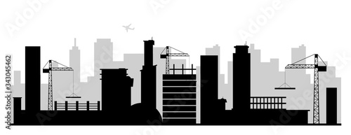 Construction site black silhouette vector illustration. Modern developing city monochrome landscape. Urban environment 2d cartoon shape with skyscrapers and lifting cranes. Building industry