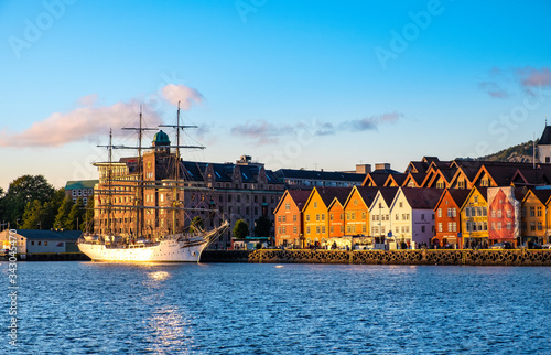 Bergen, Norway - Panoramic view of historic Bryggen district with Hanseatic heritage buildings at the Bergen Vagen harbor