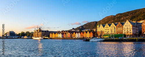 Bergen, Norway - Panoramic view of historic Bryggen district with Hanseatic heritage buildings at the Bergen Vagen harbor