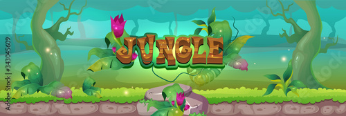 Jungle flat color vector illustration. Fantasy forest. Panoramic scene of wild woods. Flourish on bushes and grass. Exotic wildlife. Tropical 2D cartoon landscape with greenery on background