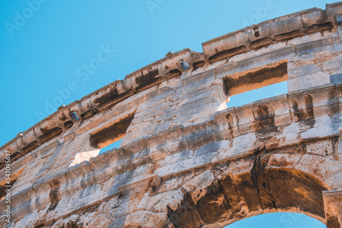 Wall fragment of Ancient Roman Amphitheater in Pula, Istrian Peninsula in Croatia