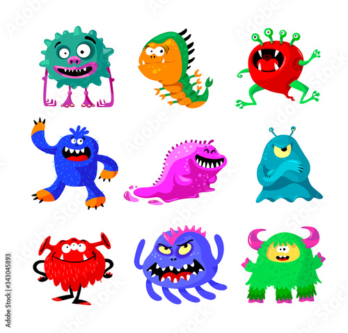 Cute Cartoon Monsters Set. Comic Halloween Joyful Characters, Funny Devil, Ugly Alien and Smile Creatures Isolated on White Background. Mutants, Germs and Bacteria. Cartoon Vector Illustration