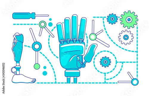 Prosthetics, bionics thin line concept vector illustration. Artificial limbs, mechanical arm and leg 2D cartoon composition for web design. Robotics science. Modern technology creative idea