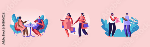 Set of Pregnant Women Characters Sparetime. Girls Shopping, Visiting Cafe, Buying Things for Baby, Meeting Friends. Desired Pregnancy, Maternity.. Parenting Concept. Cartoon People Vector Illustration