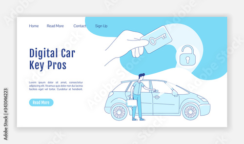 Digital car key landing page flat silhouette vector template. RFID card homepage layout. Smart lock one page website interface with cartoon outline character. Vehicle keycard lock web banner, webpage