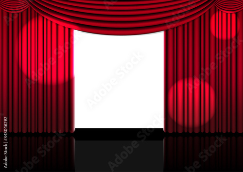 Realistic Opera stage indoor with a red curtain and Spotlight for comedy show or opera act movie. Vector illustration.