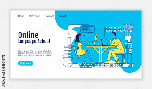 Online language school landing page flat silhouette vector template. Remote classes homepage layout. Distant lessons one page website interface with cartoon outline characters. Web banner, webpage