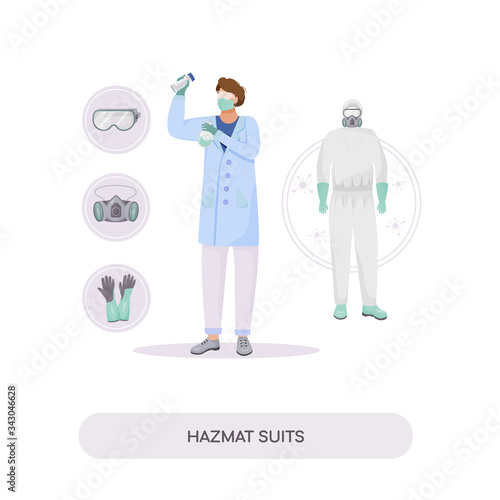 Hazmat suits flat concept vector illustration. Radiation protection, workwear. Chemist in gloves and protective goggles 2D cartoon character for web design. Protective clothing creative idea