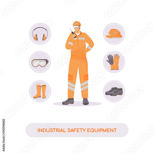 Industrial safety equipment flat concept vector illustration. Hardhat, gum shoes and accessories. Builder, engineer 2D cartoon character for web design. Injury prevention, work safety creative idea