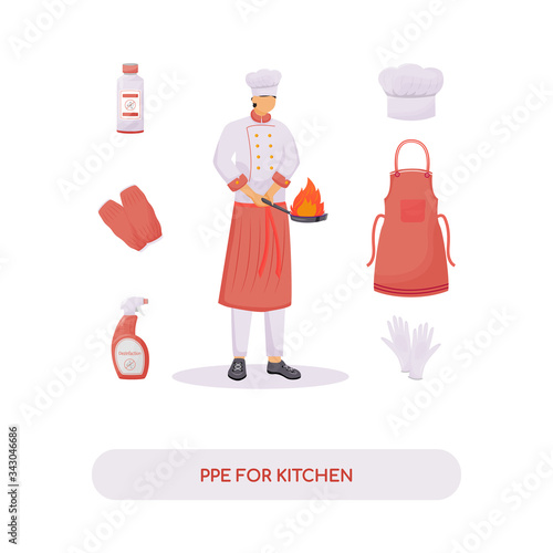 Personal protective equipment for kitchen flat concept vector illustration. Uniform and disinfectants. Cook with pan 2D cartoon character for web design. Safe cooking creative idea