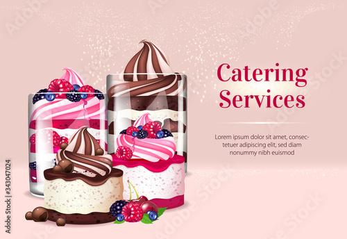 Catering services realistic vector product ads banner template. Creamy cakes with berries 3d mock up design. Desserts delivery advertisement horizontal printable flyer, brochure with text space