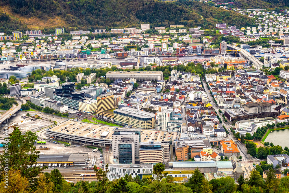 Bergen, Norway - Panoramic view of Bergen city center seen from Mount Floyen
