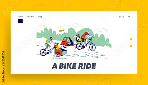 Happy Family Riding in Park Landing Page Template. Y Characters Riding Bicycles with Children Sitting in Front and Back Bike Trailers. People in Helmets Walking Track. Linear Vector Illustration