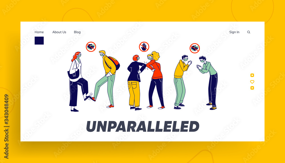 Alternative Non-contact Greet During Coronavirus Epidemic Landing Page Template. Friends Characters Greeting Each Other with Feet and Elbows Instead of Handshake. Linear People Vector Illustration