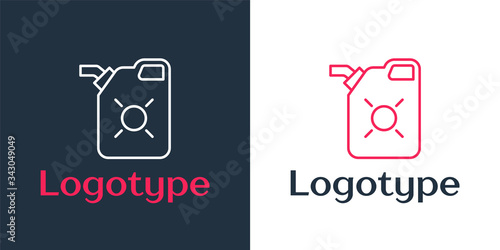 Logotype line Canister for motor machine oil icon isolated on white background. Oil gallon. Oil change service and repair. Engine oil sign. Logo design template element. Vector Illustration