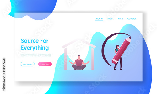 Characters during Covid19 Pandemic Landing Page Template.Man Sitting in House Meditating in Lotus Posture, Woman Painting Protection Line around herself with Pencil. Cartoon People Vector Illustration