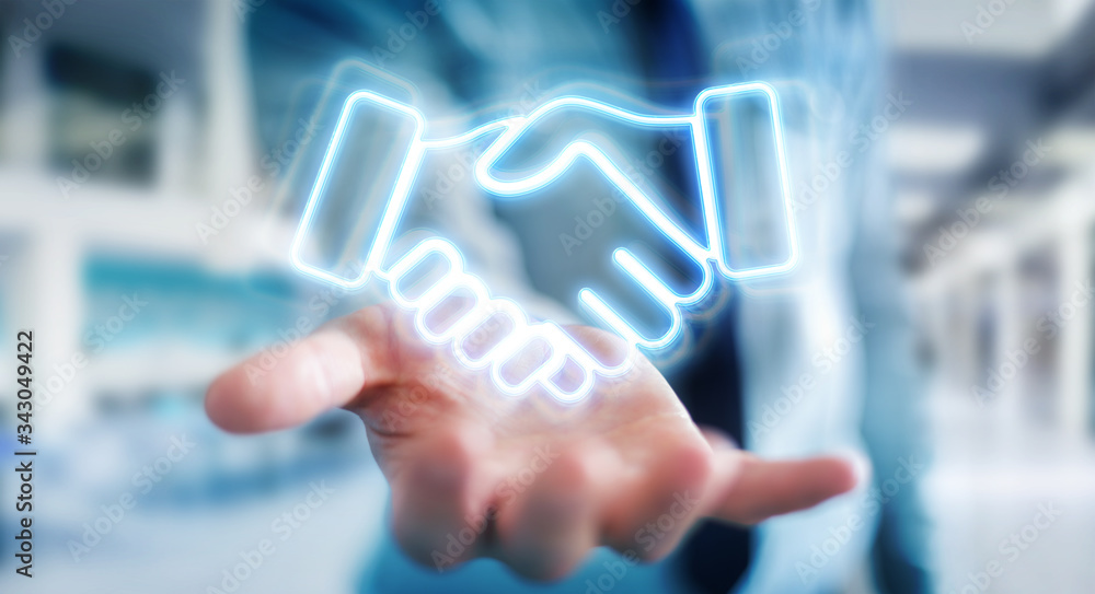 Man using partnership neon blue interface 3D rendering Man using partnership neon blue interface 3D rendering