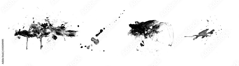 Collection abstract of ink stroke and ink splash for grunge design elements. Black paint stroke and splash texture on white paper. Hand drawn illustration brush for dirty texture.