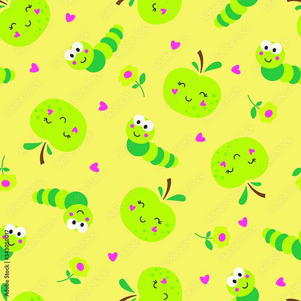 Cute cartoon green apples and caterpillars seamless pattern Cute cartoon green apples and caterpillars seamless pattern