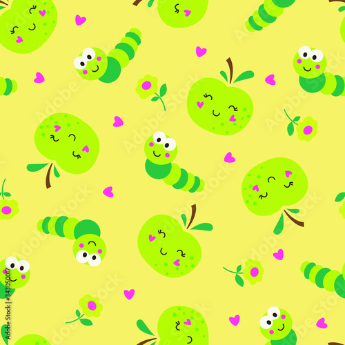 Cute cartoon green apples and caterpillars seamless pattern