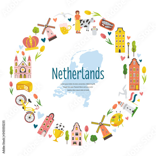 Tourist poster, card with symbols of Netherlands