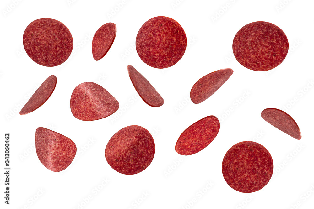 Fototapeta premium Falling tasty salami isolated on white