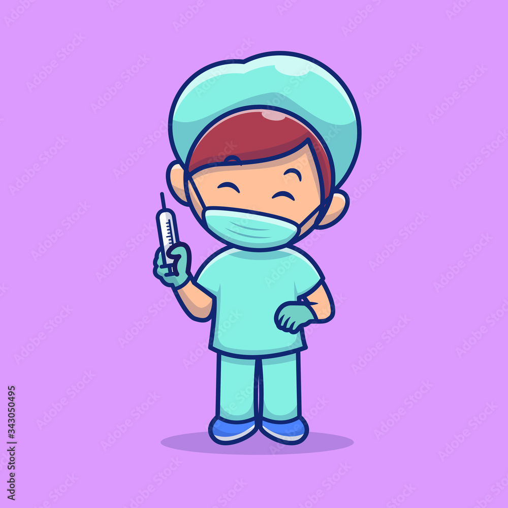 Cute Nurse With Injection Vector Icon Illustration. Corona Mascot Cartoon Character. Person Icon Concept White Isolated. Flat Cartoon Style Suitable for Web Landing Page, Banner, Flyer, Sticker, Card