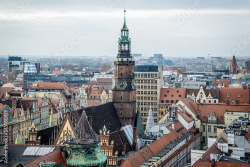 Aerial view from so called Witches Bridge of Saint Mary Magdalene church on old town hall in historic part of Wroclaw city, Poland