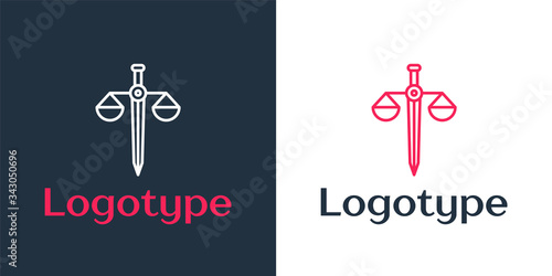 Logotype line Scales of justice icon isolated on white background. Court of law symbol. Balance scale sign. Logo design template element. Vector Illustration