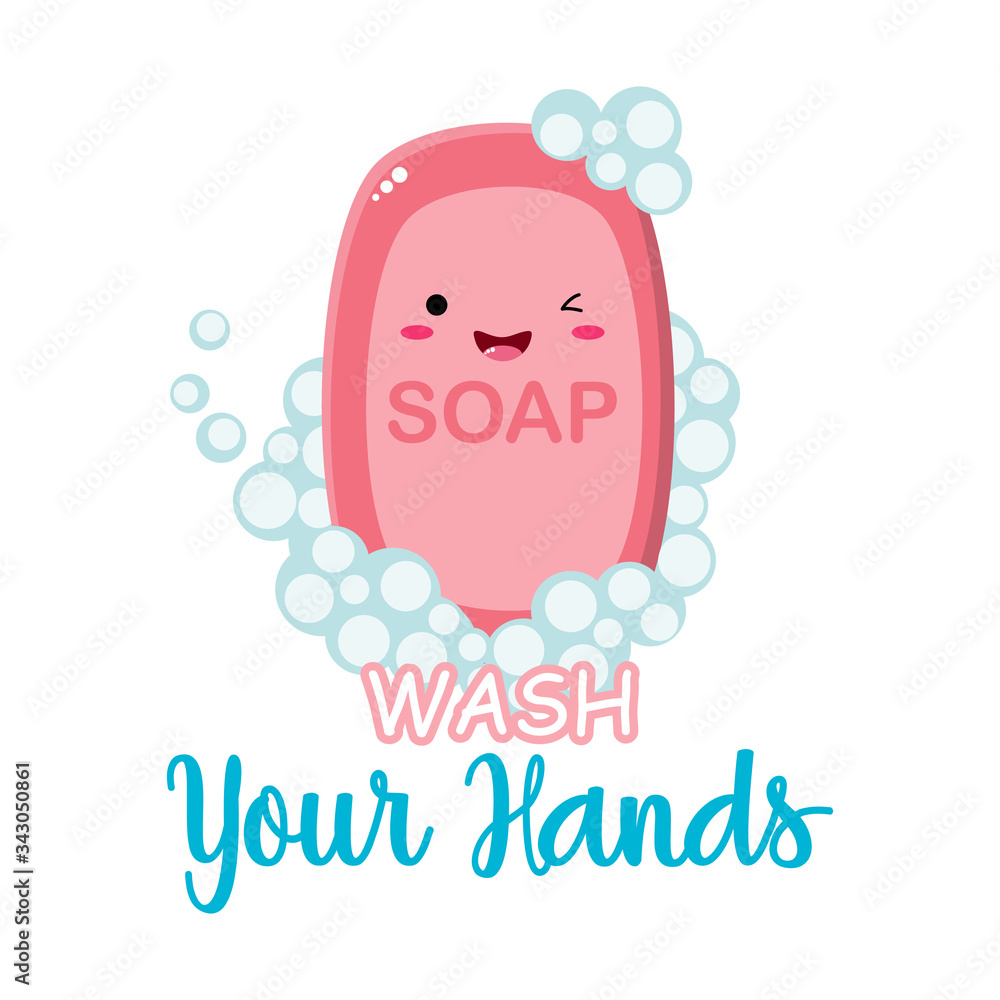 Cute soap with Wash your hands title and bubbles Cute soap with Wash your hands title and bubbles