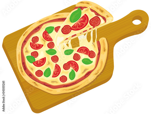 Pizza on a wooden plate