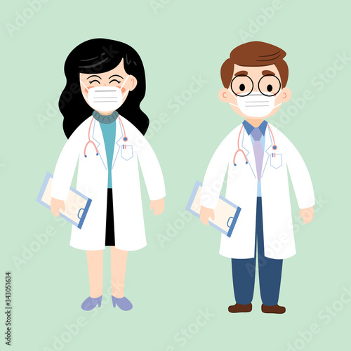 Cartoon character cute doctor man and woman. Vector illustration of medical workers with surgical face mask (N95).