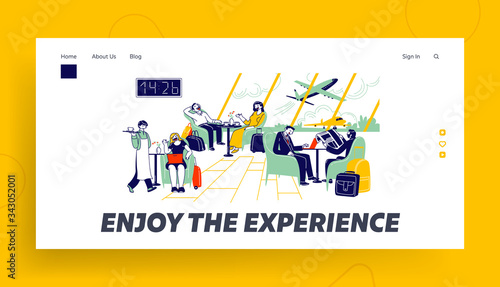 Characters Waiting Airplane Departure in Airport Business Lounge Landing Page Template. People Sitting in Comfortable Armchairs at Coffee Tables Chatting, Working on Laptop. Linear Vector Illustration