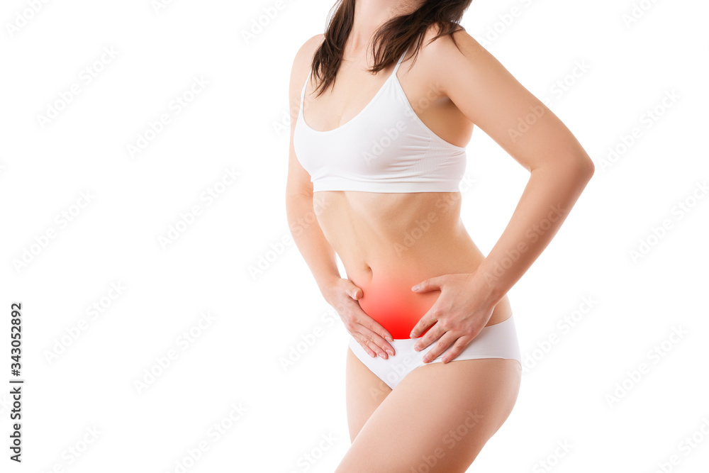 Woman with abdominal pain, stomachache isolated on white background Woman with abdominal pain, stomachache isolated on white background