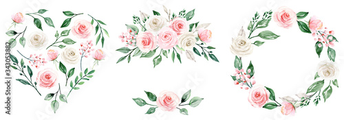 Wreaths, floral frames set and heart with watercolor flowers pink and white roses, Illustrations hand painted. Isolated on white background. Perfectly for greeting card design.