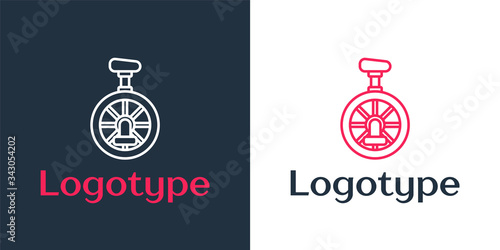 Logotype line Unicycle or one wheel bicycle icon isolated on white background. Monowheel bicycle. Logo design template element. Vector Illustration